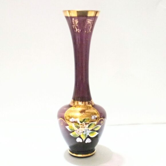 Vintage Bohemian Amethyst Glass Hand Painted Gold Trimmed Vase - Picture 1 of 6